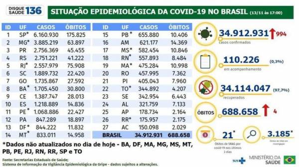 Situação epidemiológica da covid-19 no Brasil 14-11-2022 - Divulgação/ Ministério da Saúde